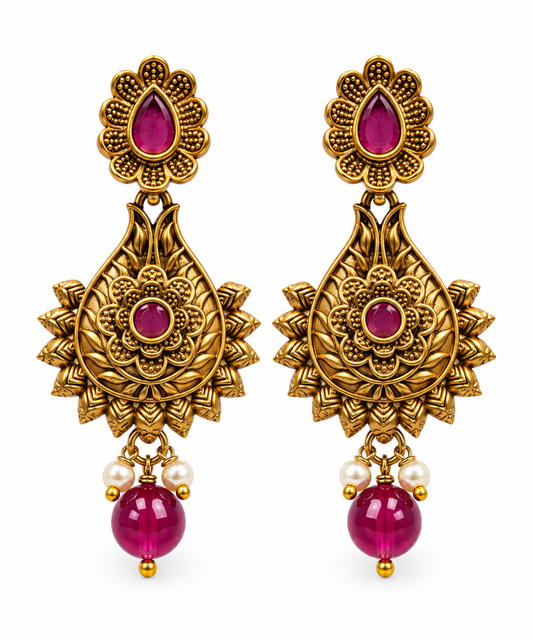 Seevee Fashion Pink Pota Kundan Stone Gold Plated Dangler Earrings