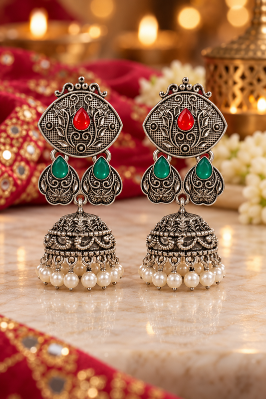 Seevee Fashion Oxidised Plated Pota Crystal Stone Jhumki Earrings