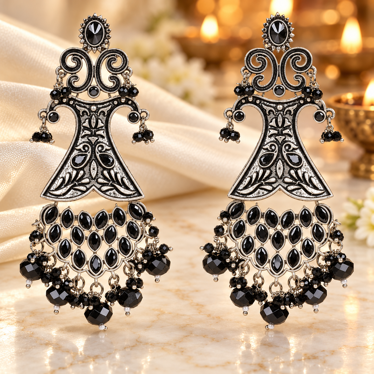 Seevee Fashion Oxidised Plated Pota Crystal Stone Dangler Earrings