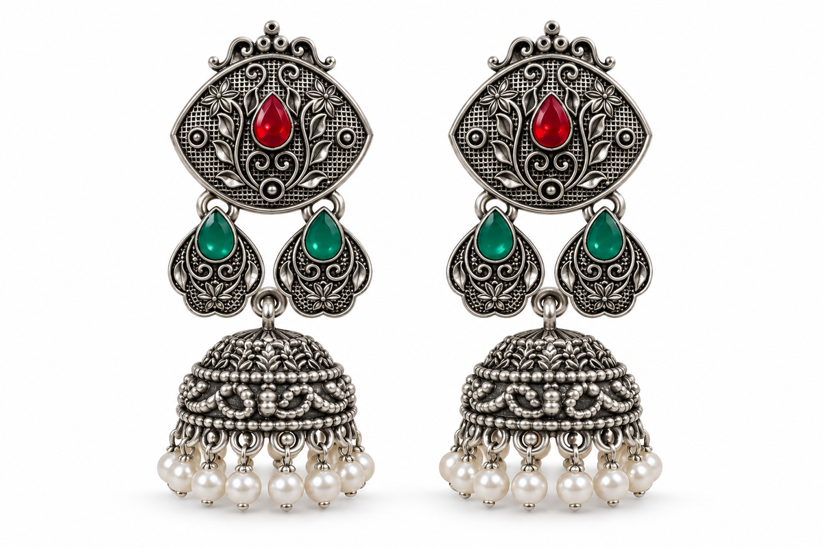 Seevee Fashion Oxidised Plated Pota Crystal Stone Jhumki Earrings