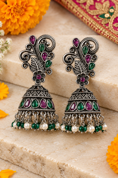 Seevee Fashion Oxidised Plated Pota Stone Peacock Jhumki Earrings