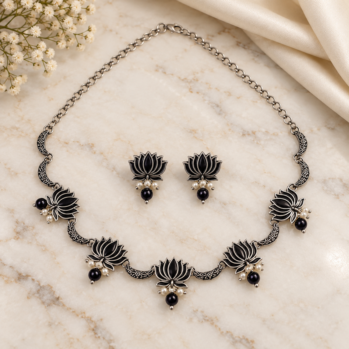 Seevee Fashion Oxidised Plated Lotus Choker Necklace