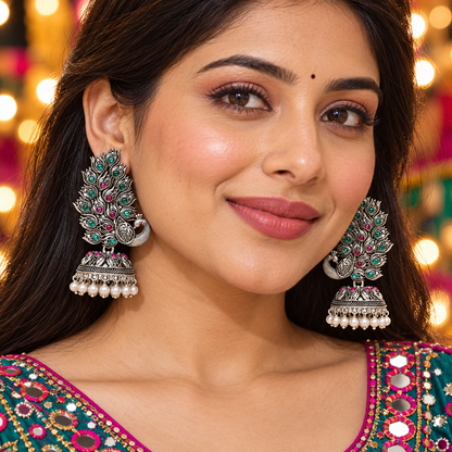 Seevee Fashion Oxidised Plated Pota Stone Peacock Jhumki Earrings