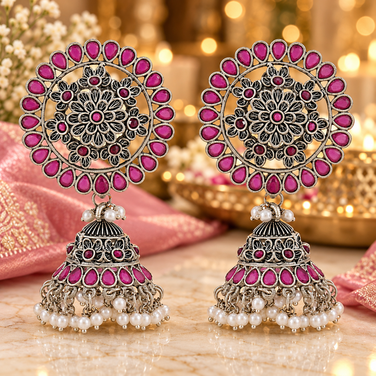 Seevee Fashion Oxidised Plated Pota Crystal Stone Jhumki Earrings