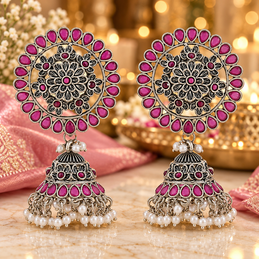 Seevee Fashion Oxidised Plated Pota Crystal Stone Jhumki Earrings