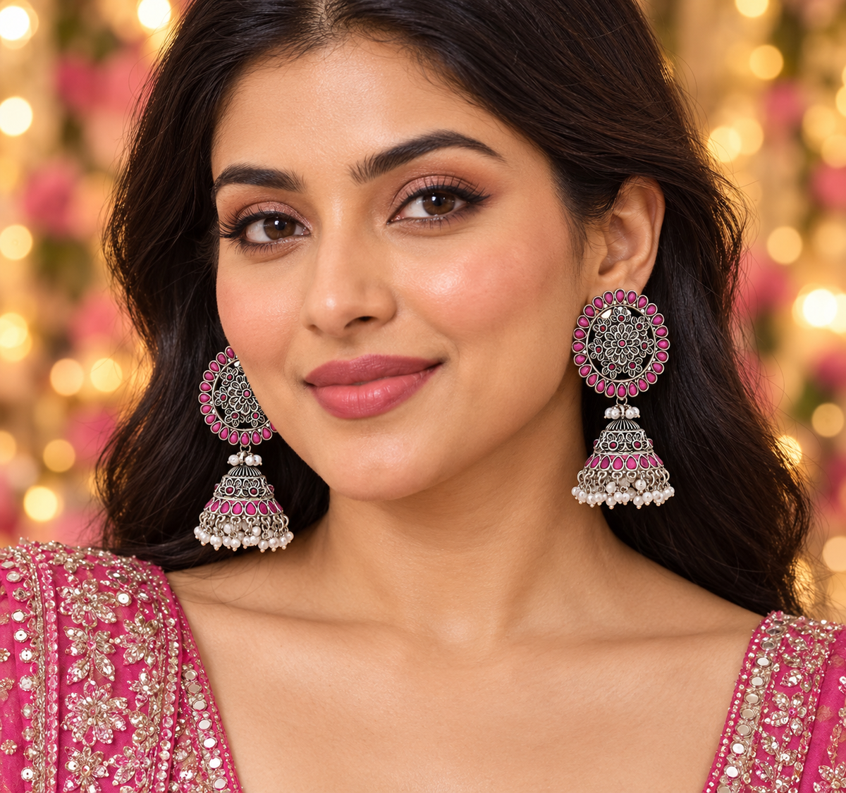 Seevee Fashion Oxidised Plated Pota Crystal Stone Jhumki Earrings