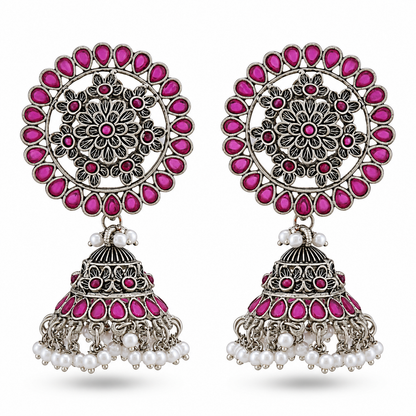 Seevee Fashion Oxidised Plated Pota Crystal Stone Jhumki Earrings