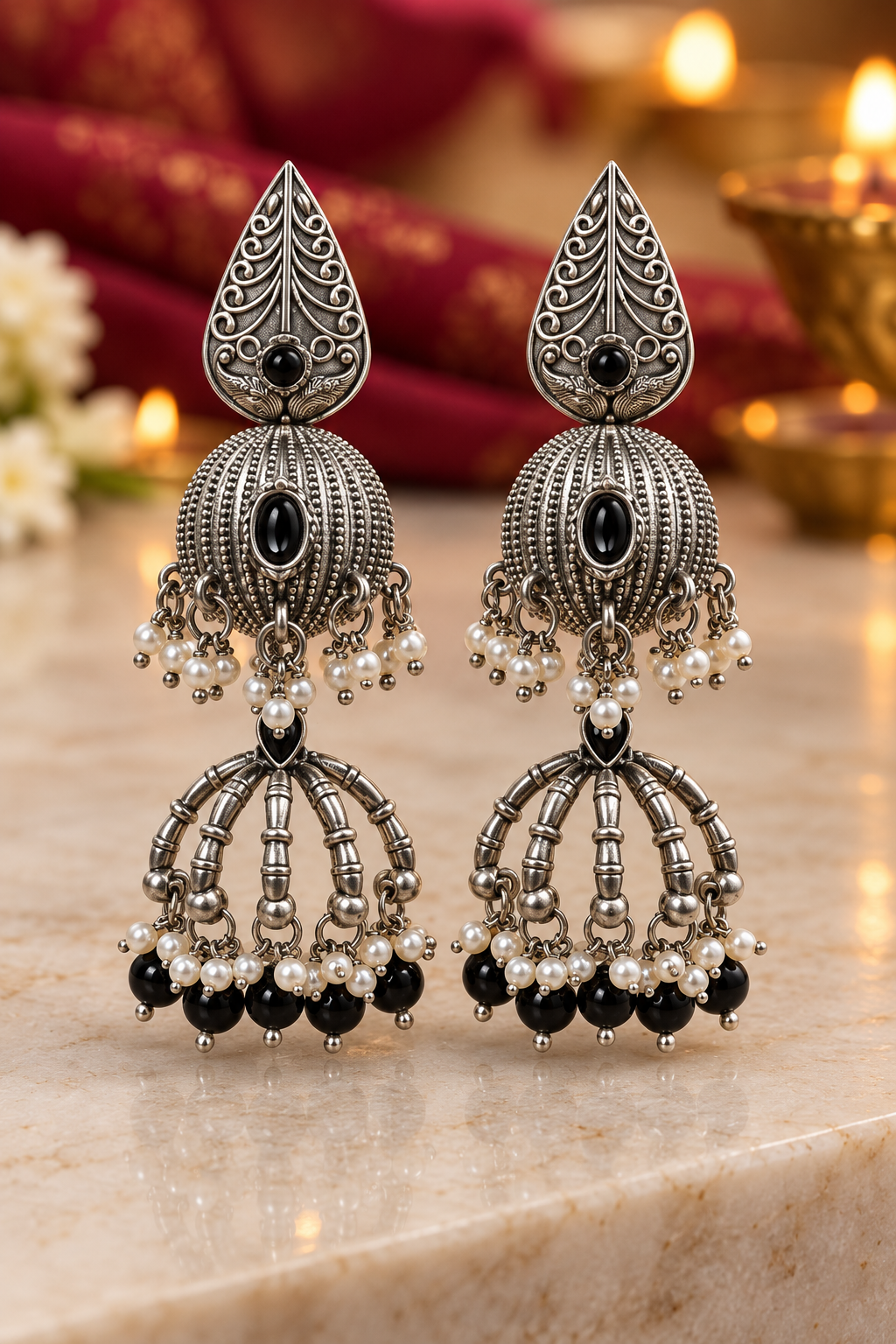 Seevee Fashion Oxidised Plated Pota Crystal Stone Jhumki Earrings