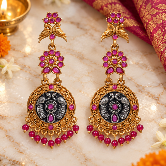 Seevee Fashion Gold Plated Pota Kundan Stone Peacock Dangler Earrings