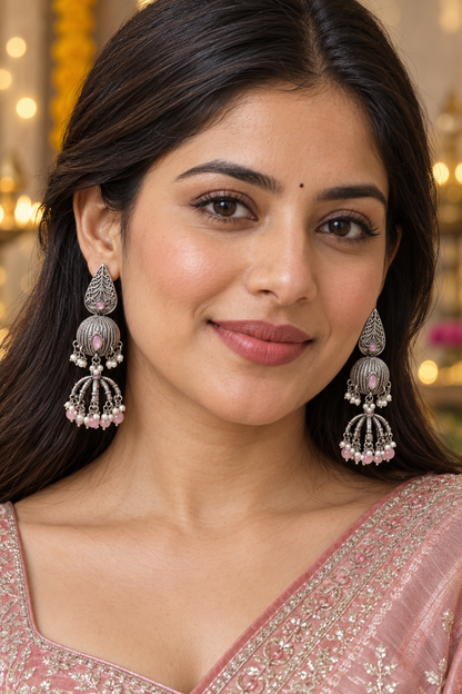 Seevee Fashion Oxidised Plated Pota Crystal Stone Jhumki Earrings