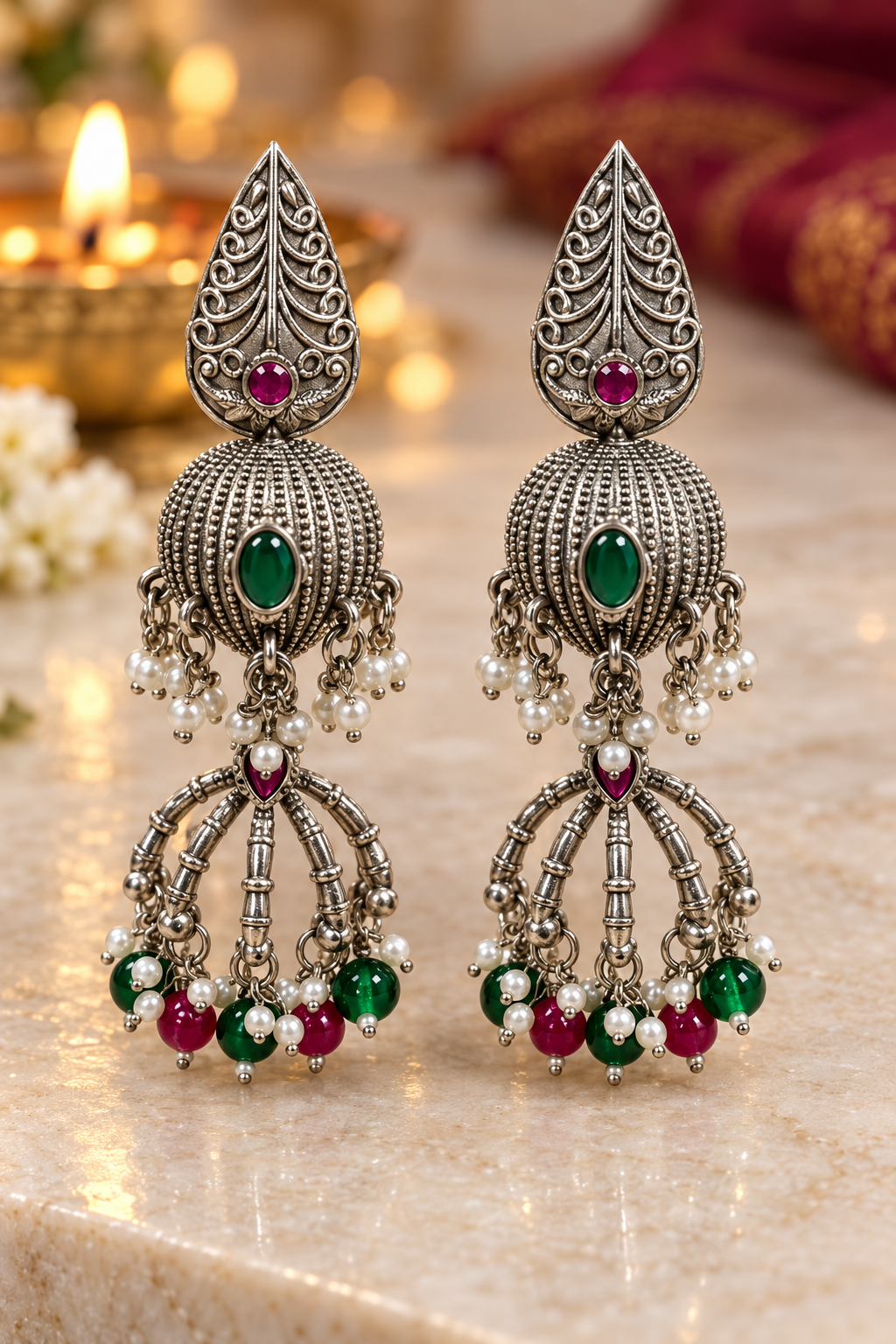 Seevee Fashion Oxidised Plated Pota Crystal Stone Jhumki Earrings