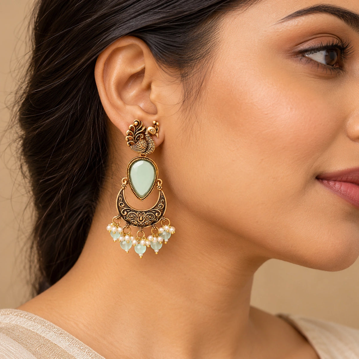 Seevee Fashion kundan Stone And Beads Dangler Peacock Earrings for Women