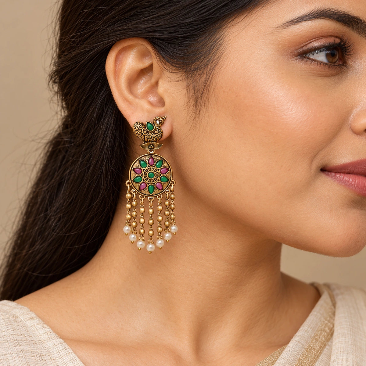 Seevee Fashion Gold Plated Kundan Stone Peacock Dangler Earrings for Women