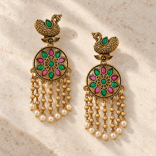 Seevee Fashion Gold Plated Kundan Stone Peacock Dangler Earrings for Women