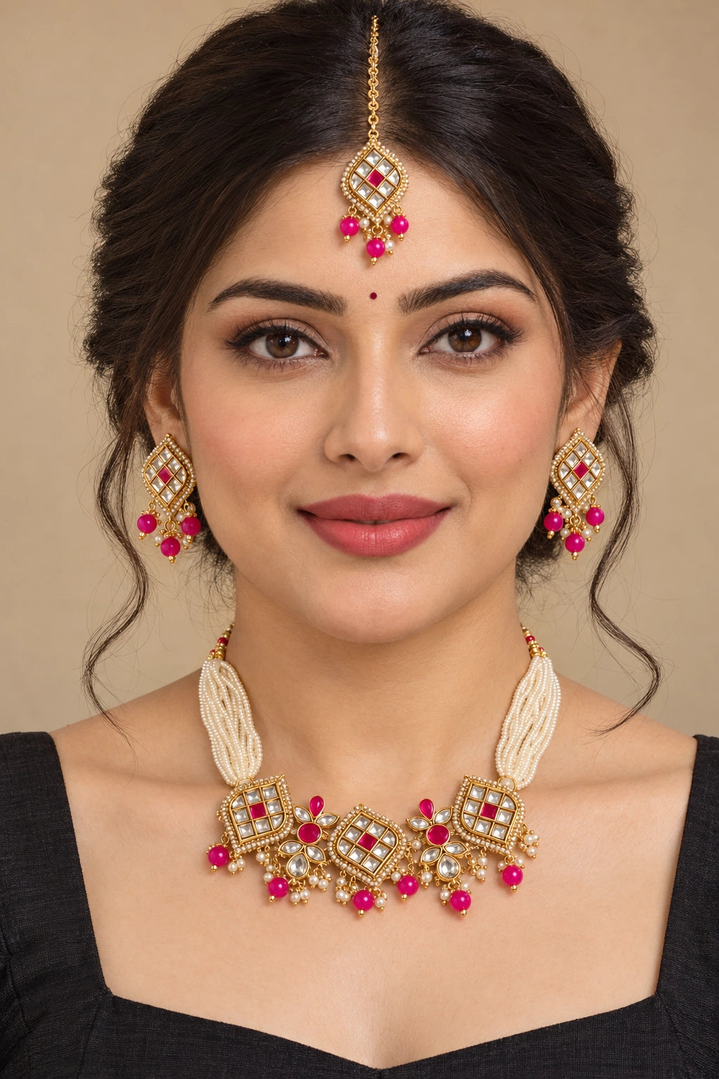 Seevee Fashion Gold Plated Kundan Stone And Beads Choker Necklace Set