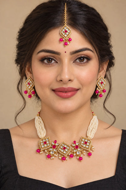 Seevee Fashion Gold Plated Kundan Stone And Beads Choker Necklace Set