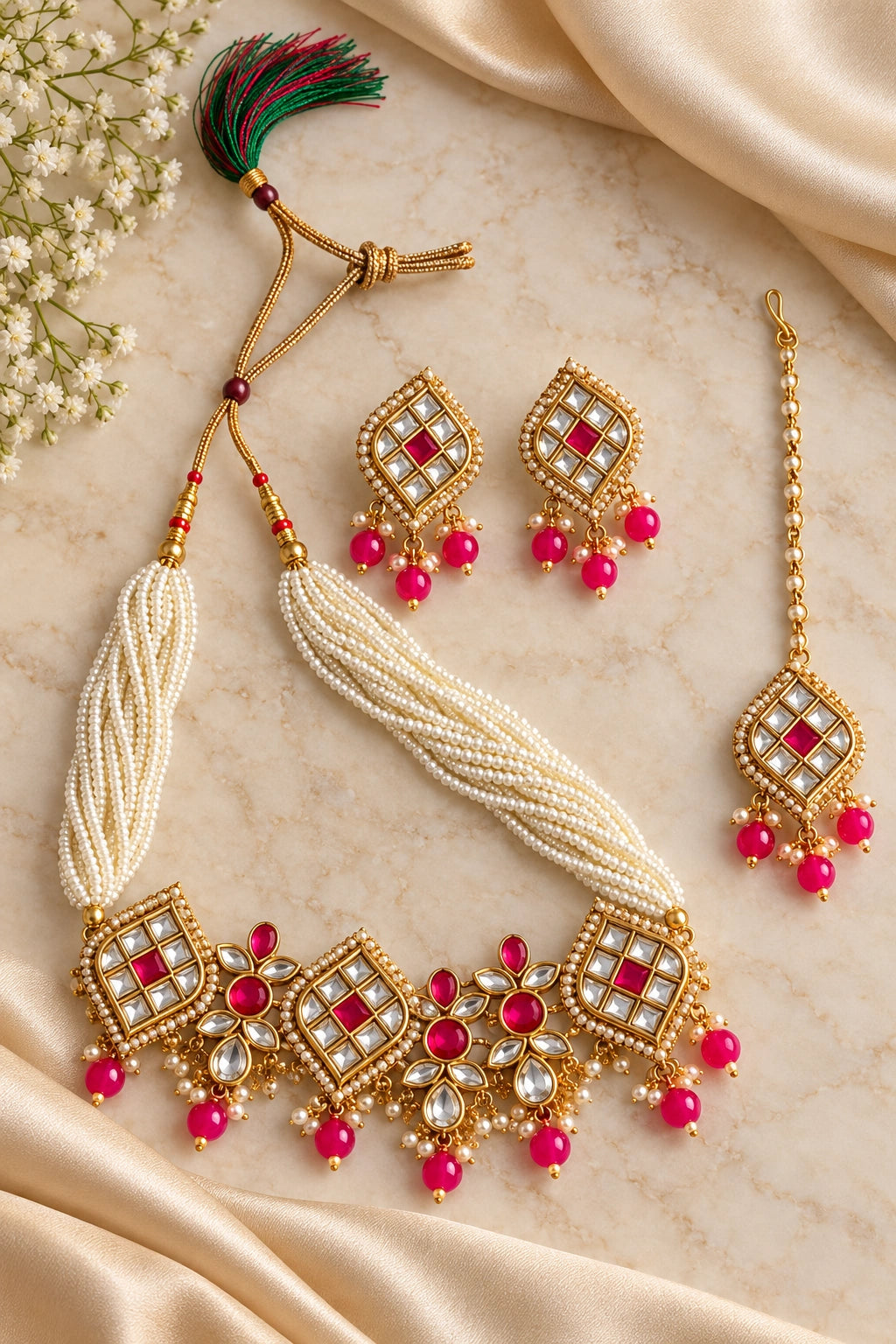Seevee Fashion Gold Plated Kundan Stone And Beads Choker Necklace Set