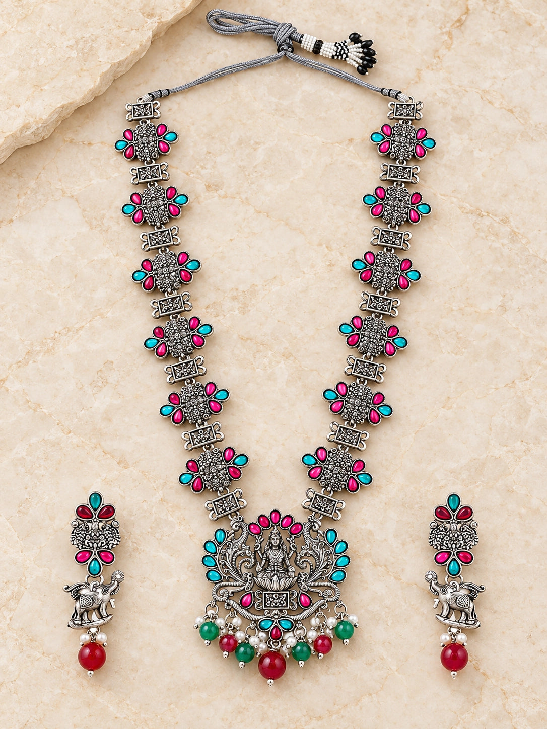 Seevee Fashion Oxidised Plated Kundan Pota Stone TempleLong Necklace Set