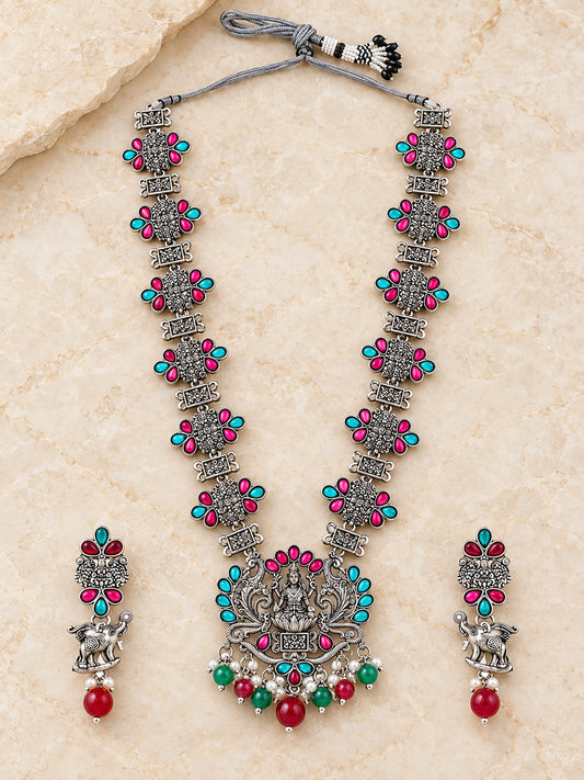 Seevee Fashion Oxidised Plated Kundan Pota Stone TempleLong Necklace Set
