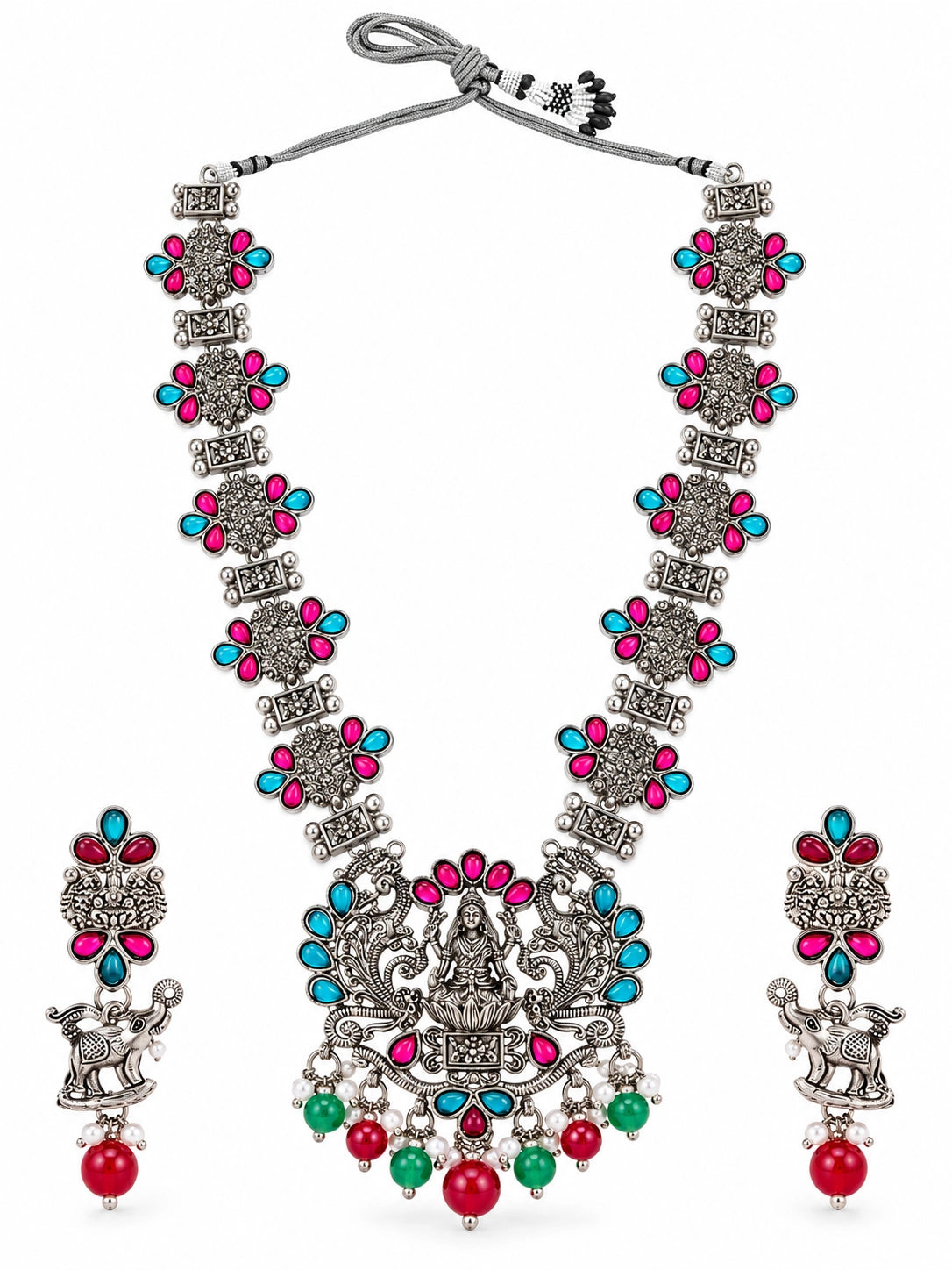 Seevee Fashion Oxidised Plated Kundan Pota Stone TempleLong Necklace Set