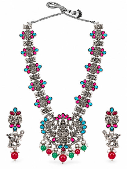 Seevee Fashion Oxidised Plated Kundan Pota Stone TempleLong Necklace Set