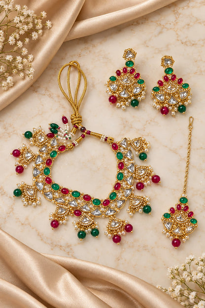 Seevee Fashion Gold Plated Kundan Stone And Beads Choker Necklace Set