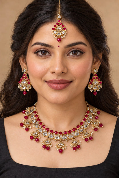 Seevee Fashion Gold Plated Kundan Stone And Beads Choker Necklace Set