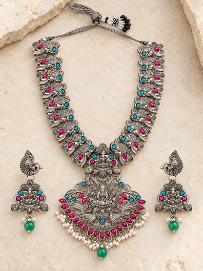 Seevee Fashion Oxidised Plated Pota Kundan Stone Temple Necklace Set