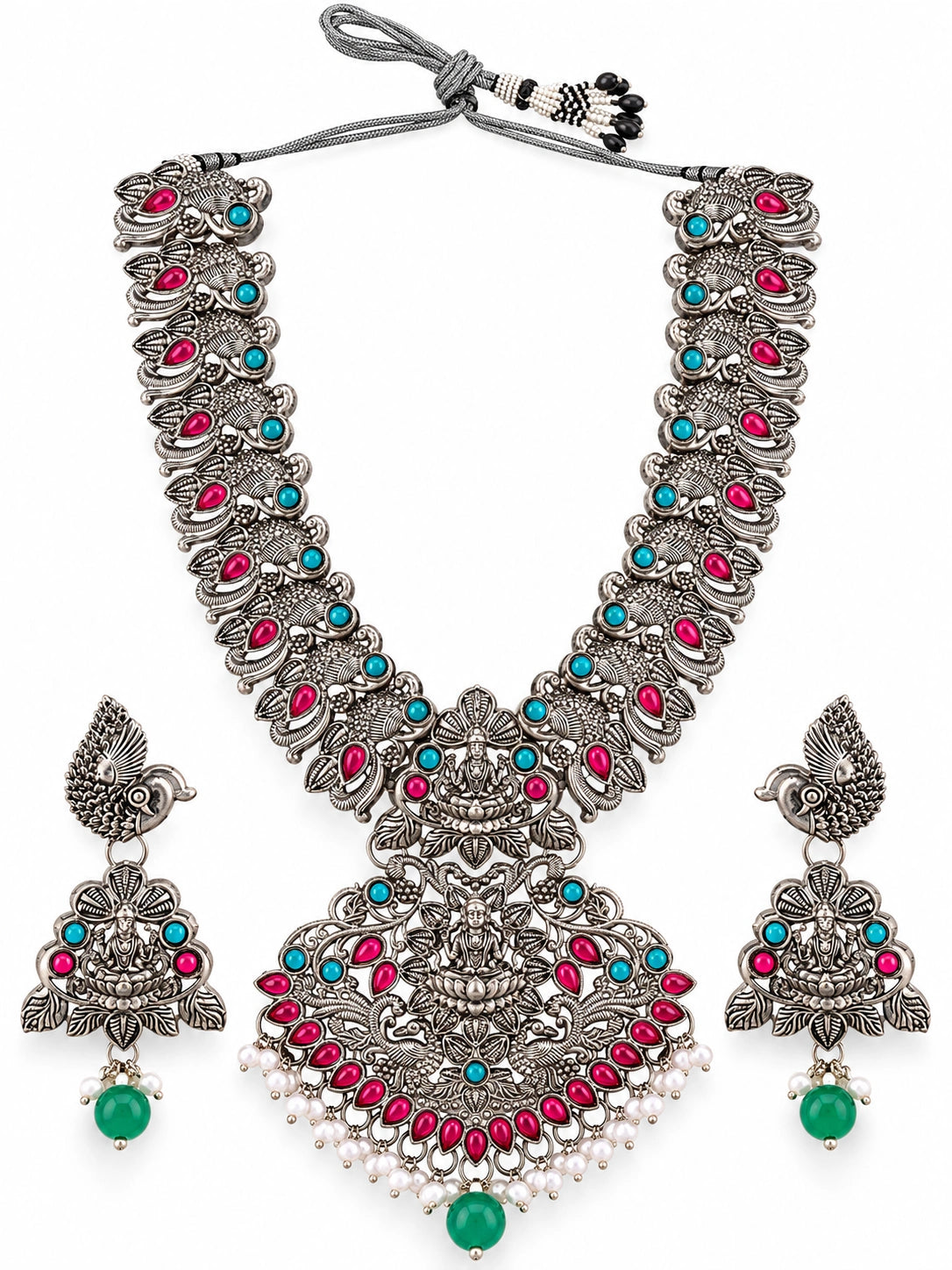 Seevee Fashion Oxidised Plated Pota Kundan Stone Temple Necklace Set