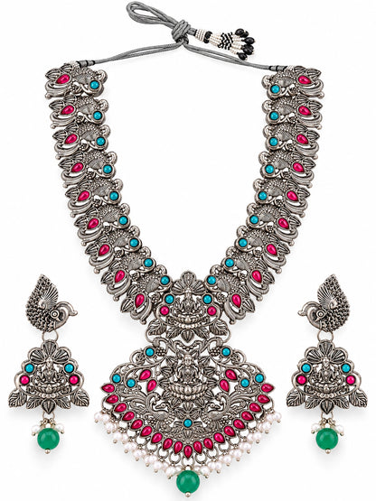 Seevee Fashion Oxidised Plated Pota Kundan Stone Temple Necklace Set