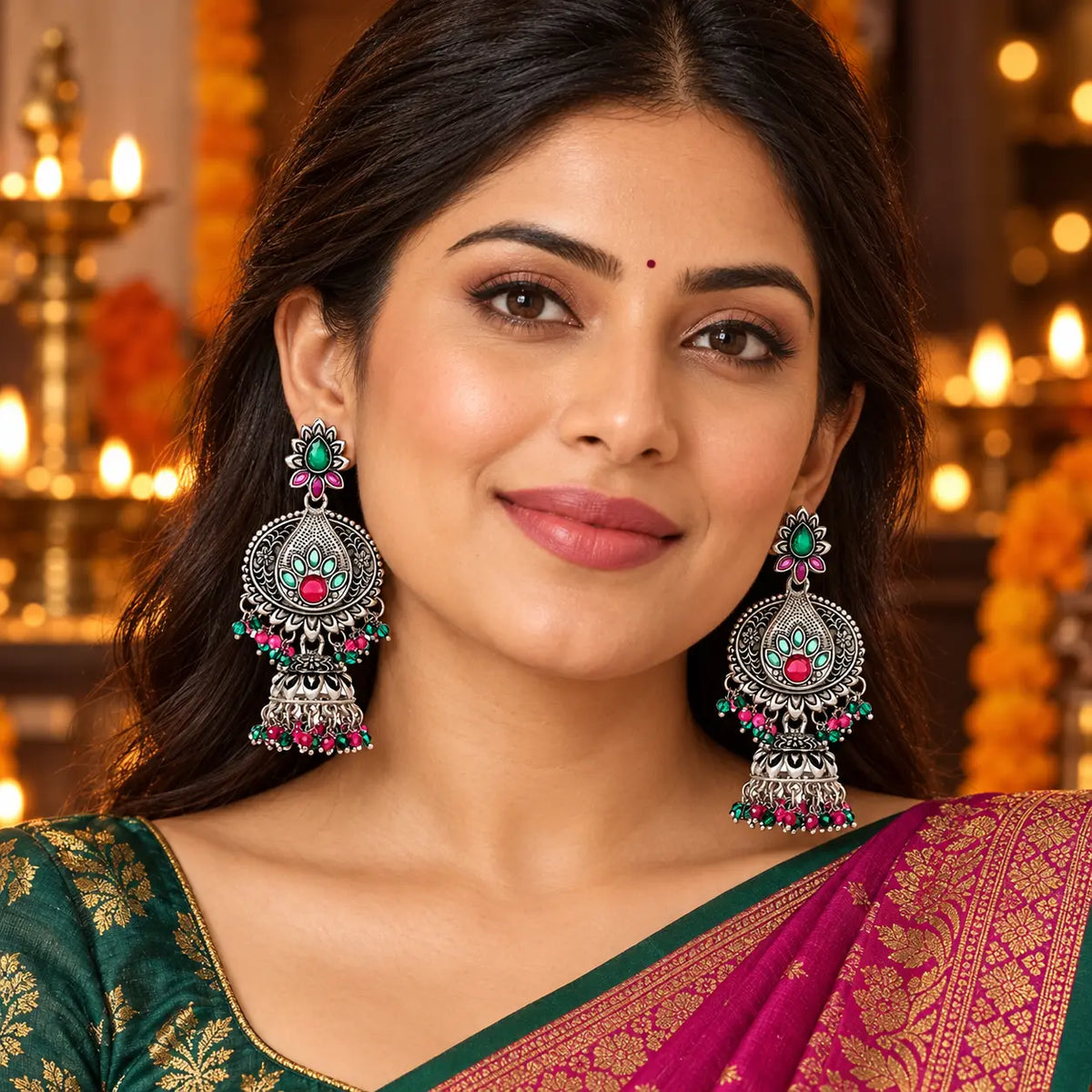 Seevee Fashion Oxidised Plated Pota Crystal Stone Jhumki Earrings