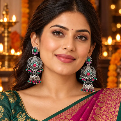 Seevee Fashion Oxidised Plated Pota Crystal Stone Jhumki Earrings