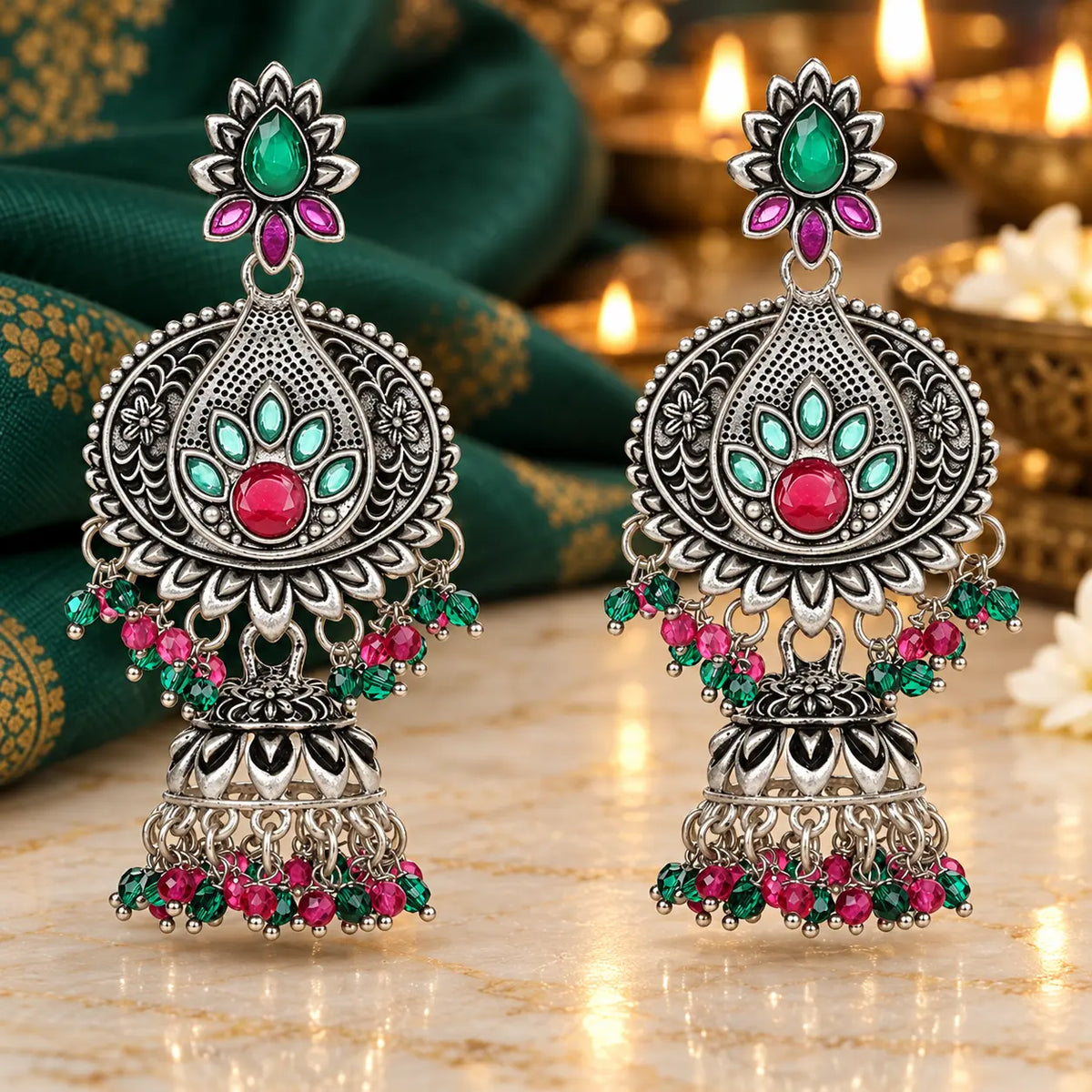 Seevee Fashion Oxidised Plated Pota Crystal Stone Jhumki Earrings