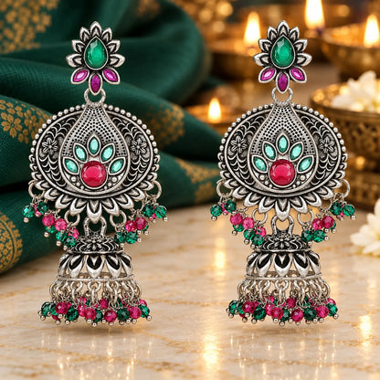 Seevee Fashion Oxidised Plated Pota Crystal Stone Jhumki Earrings